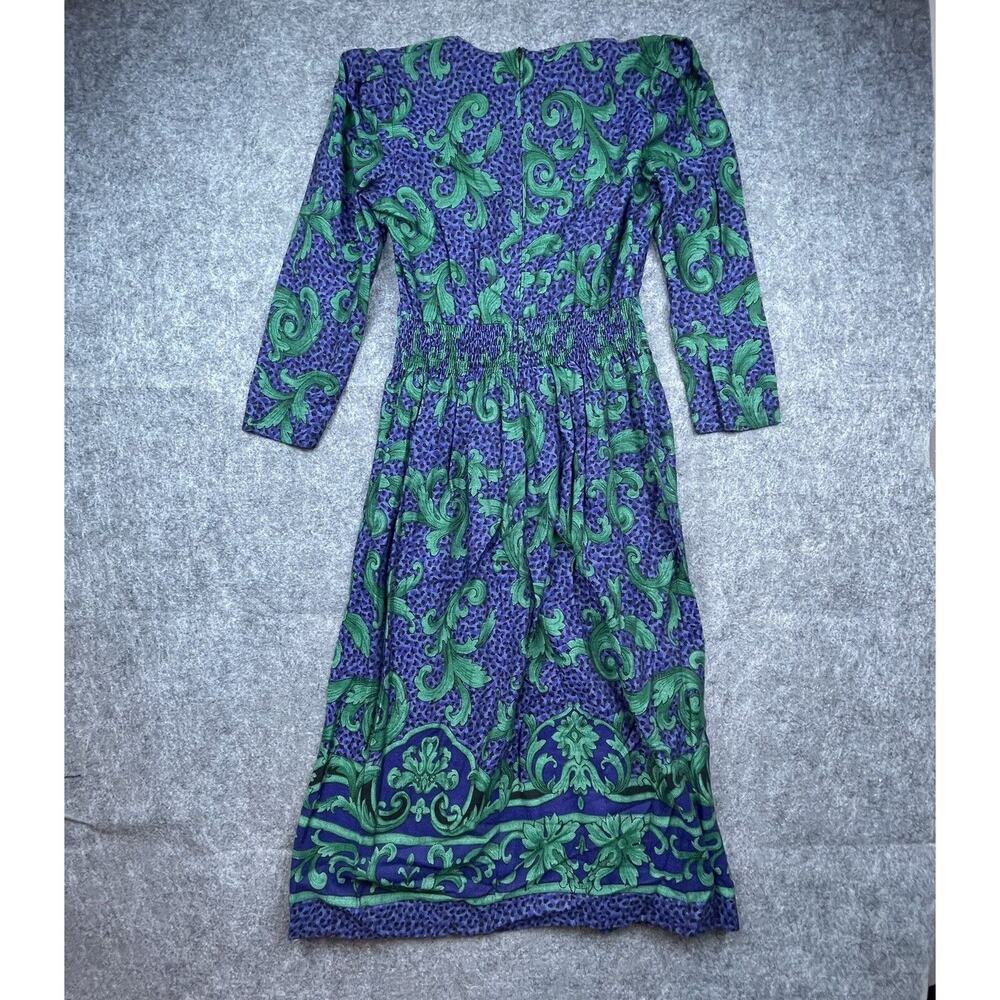 Vintage Jessica Howard Petite Dress 6 Blue Green 80s Secretary Scroll Wasp Waist - Picture 2 of 7